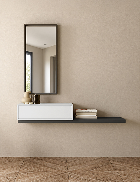 Imagen de categor&iacute;a Recibidores, con un recibidor de madera y chapa con caj&oacute;n y espejo estilo minimalista.